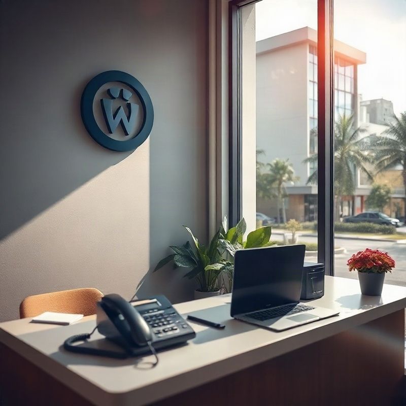 Recepção do escritório da Cloudopulse em Porto Alegre com telefone e notebook