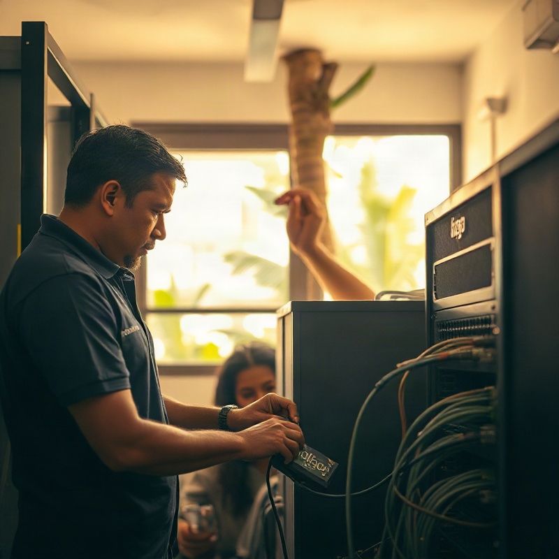 Técnico da Cloudopulse instalando equipamentos de rede em um estabelecimento comercial